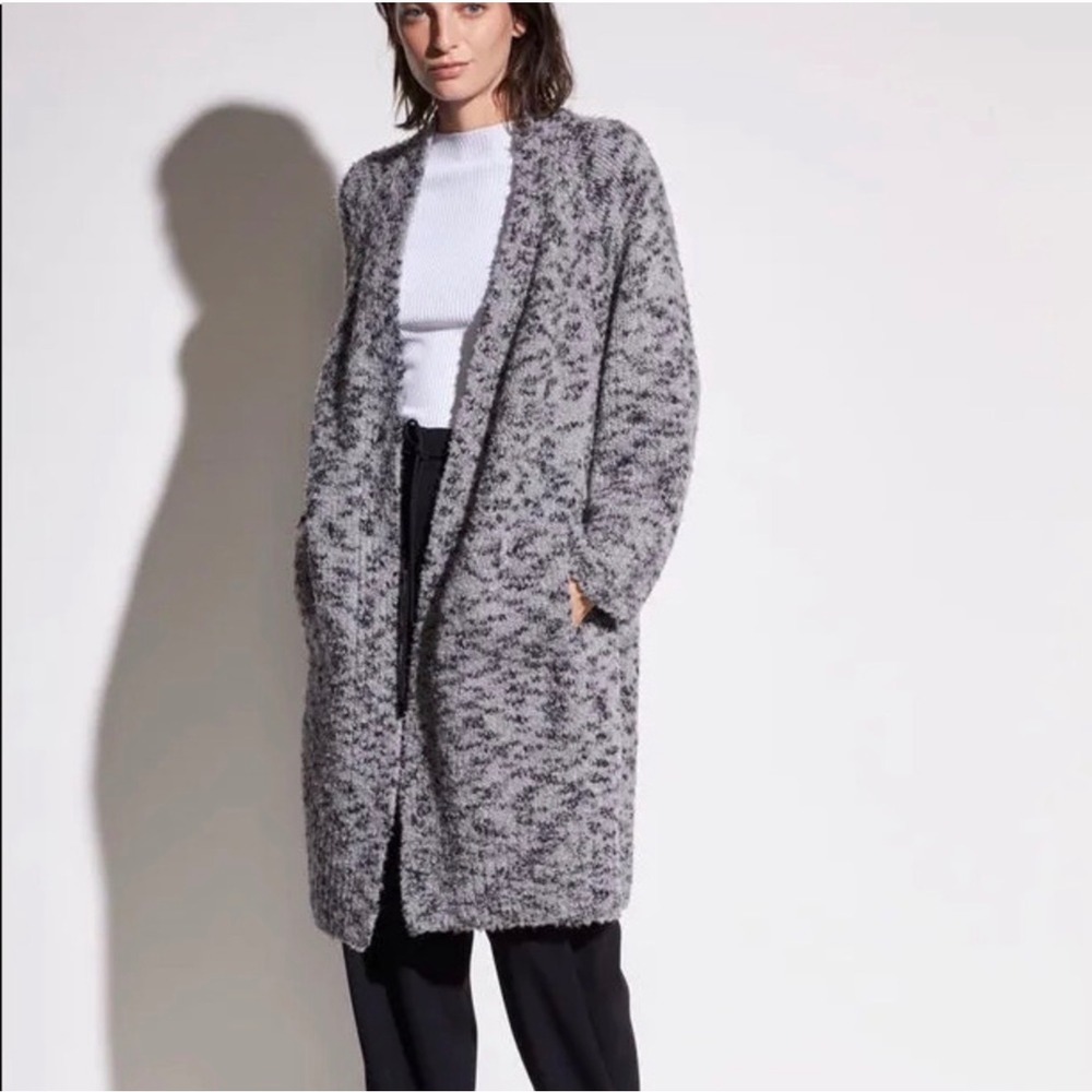 Vince Wool Cashmere Blend‎ Long Cardigan Women L Grey Marled Belted Knit Coat